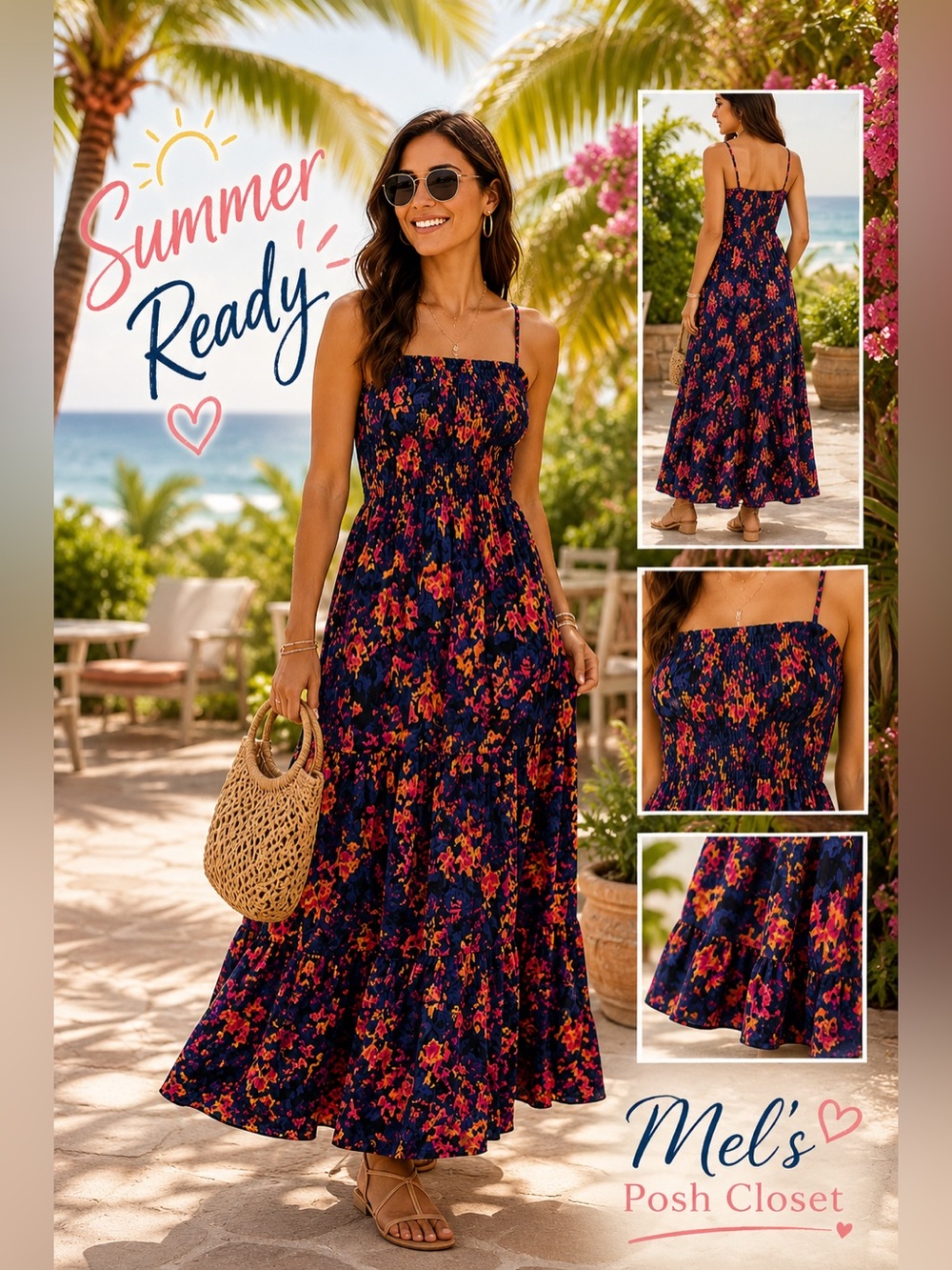 NWT EVEREVE Floral Smocked Maxi Dress XS Boho Vacation Resort Summer Dress